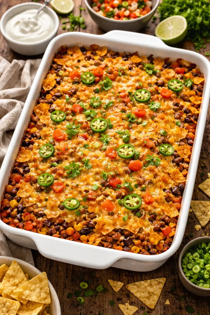 Taco casserole with beef, black beans, corn, and tortilla chips baked in a dish