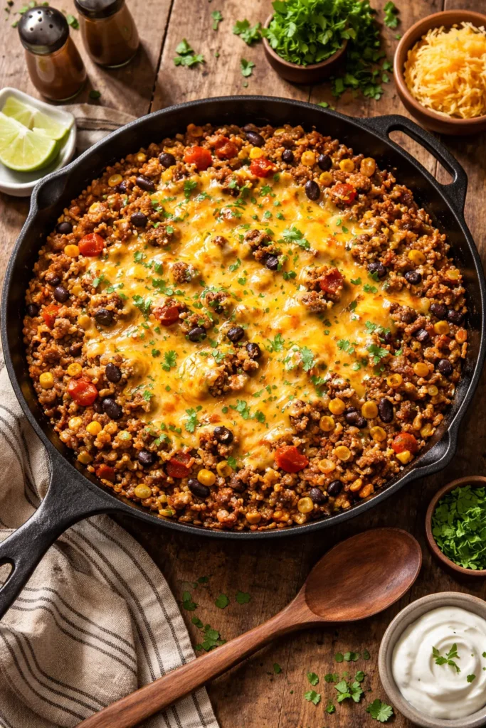 Cast-iron skillet with cheesy taco rice featuring beef, rice, beans, corn and melted cheddar