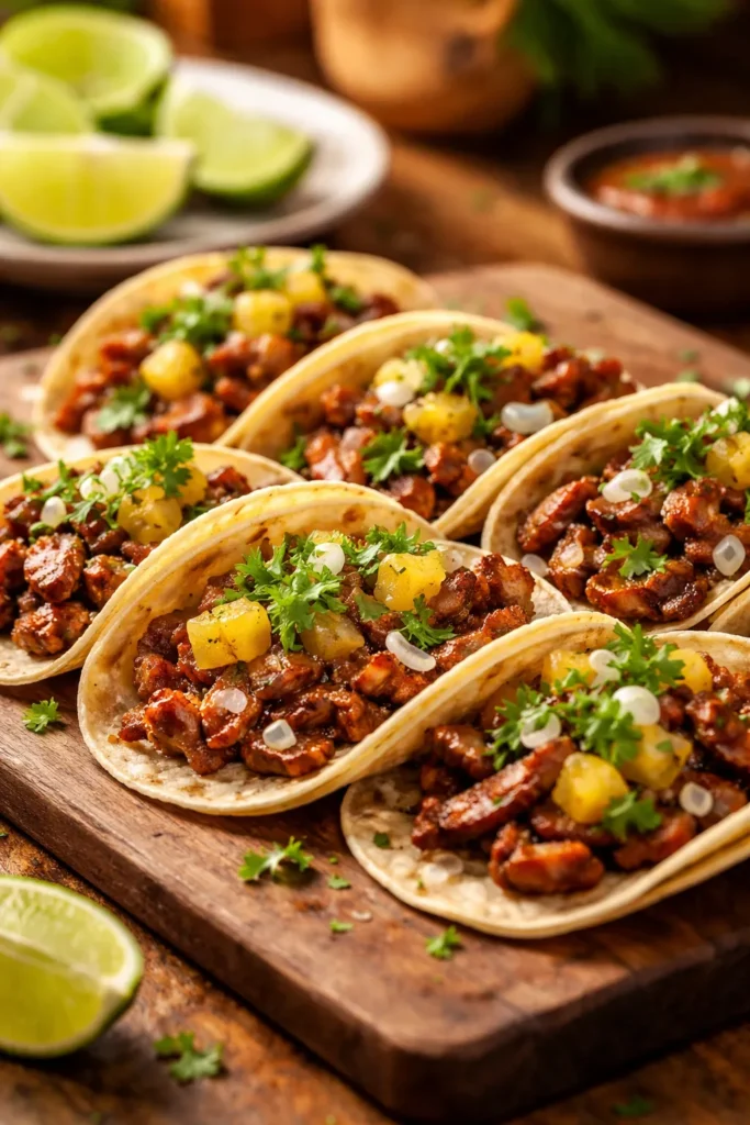 Tacos al pastor with pork and pineapple on wooden board