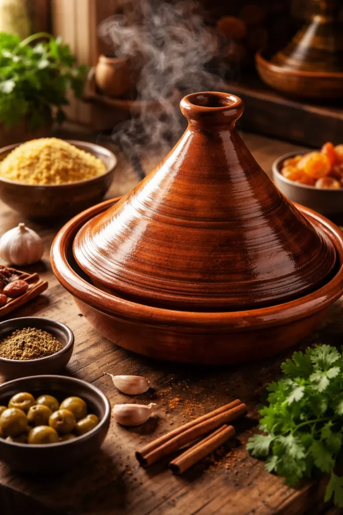Traditional clay tagine on a wooden counter