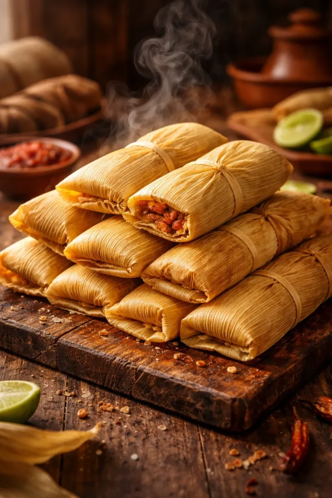 Close-up of tamales wrapped in corn husks on a wooden board.