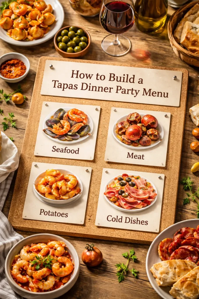 Planning scene illustrating a balanced tapas menu with category icons