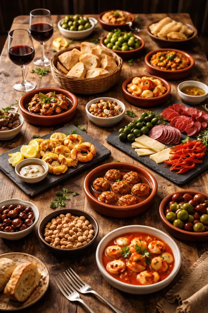 Tapas table with cazuelas, boards, olives, and bread