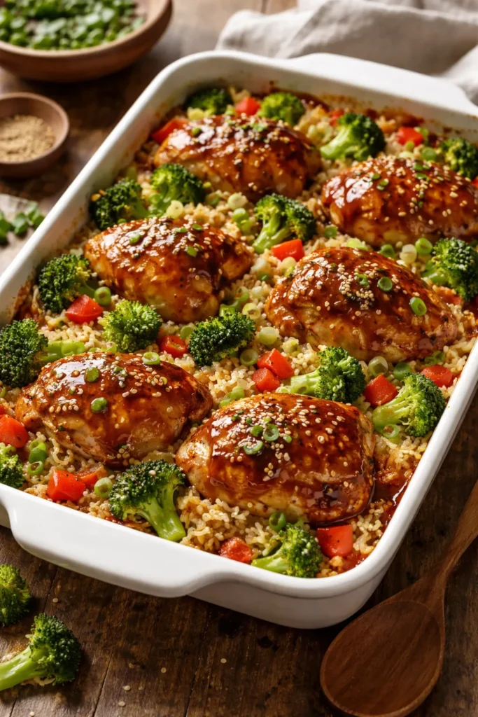 Teriyaki chicken and rice casserole with broccoli and peppers