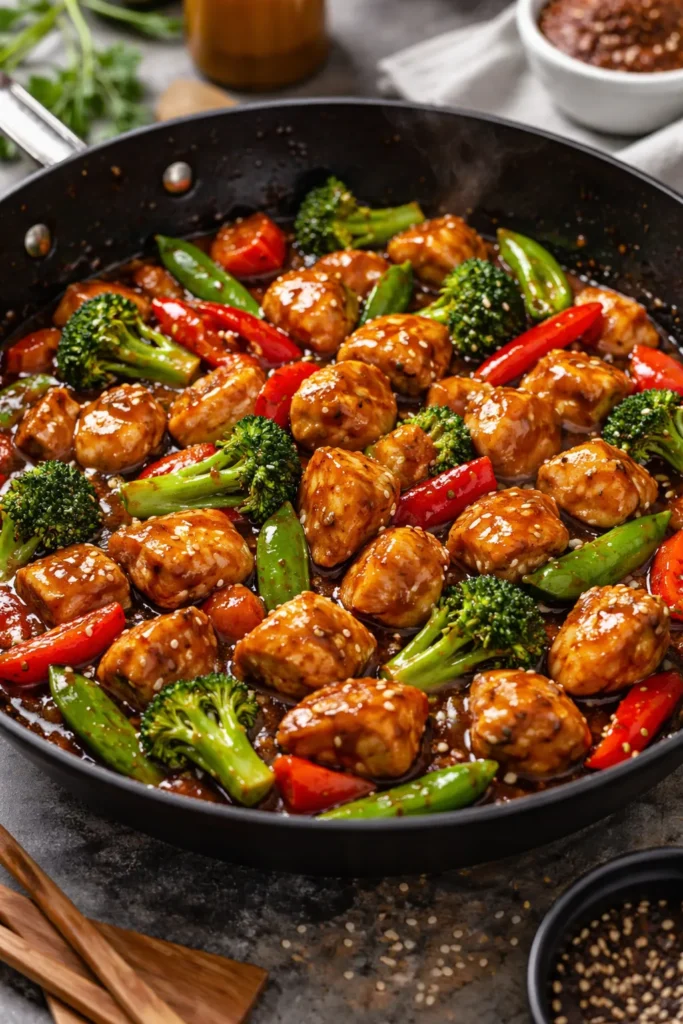 Colorful chicken teriyaki stir-fry in a skillet