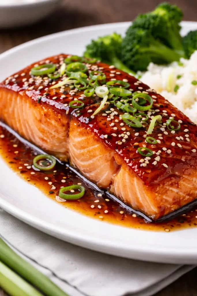 Teriyaki salmon with sesame seeds and scallions on plate