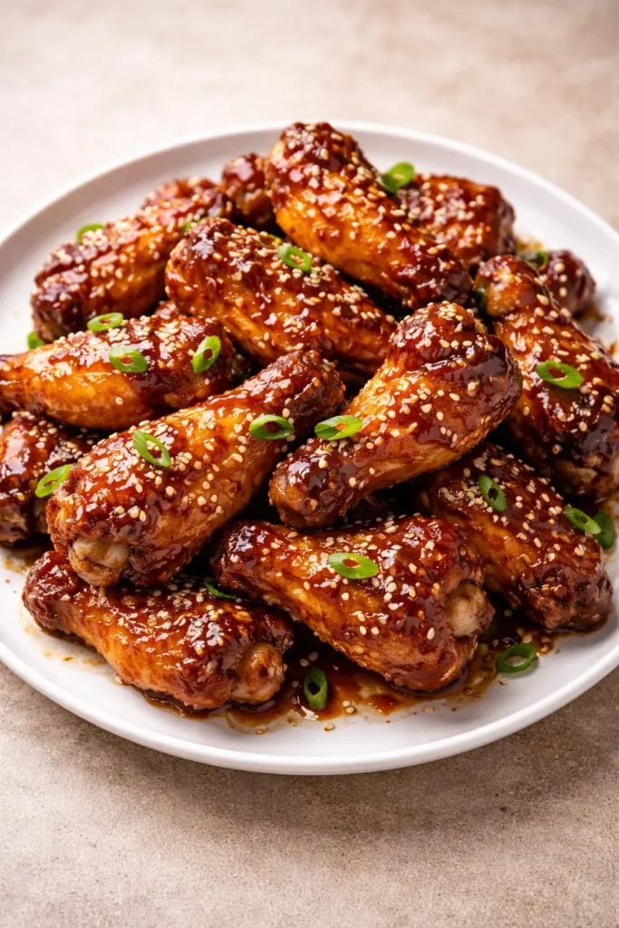 Teriyaki wings with sesame seeds on plate