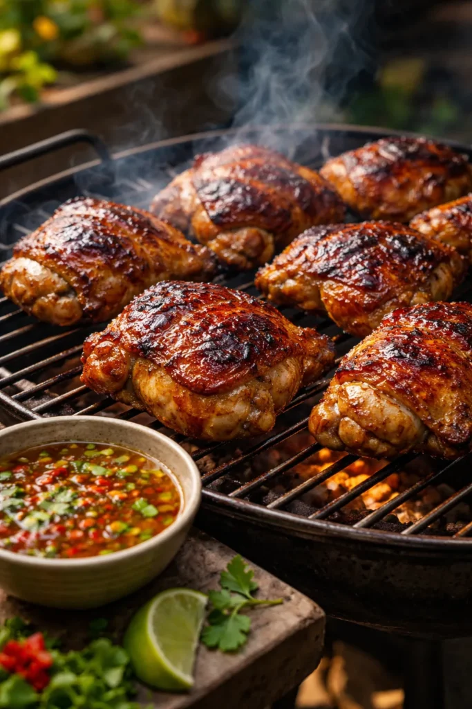 Bone-in Thai-style grilled chicken with glossy lacquered skin