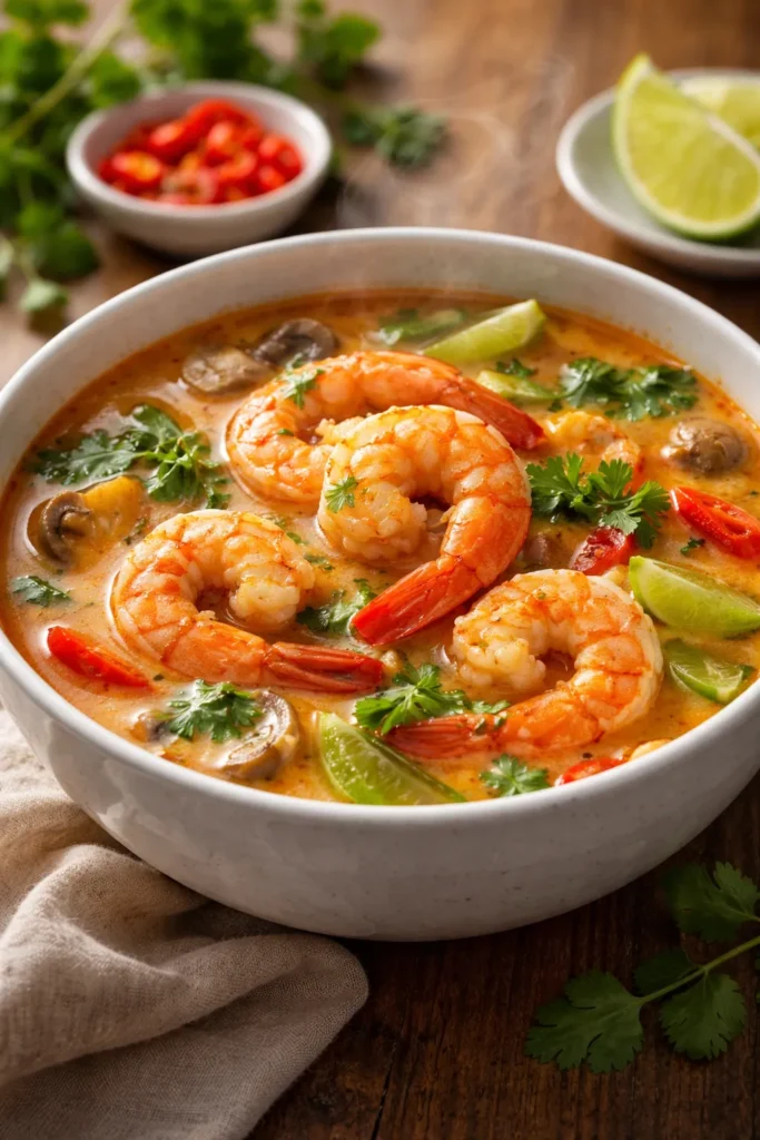 Bowl of Thai shrimp soup with coconut milk broth and shrimp