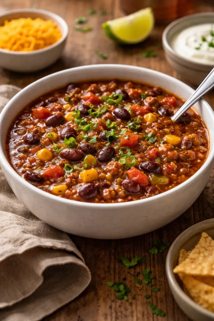 Bowl of hearty three-bean chili ready for versatile reuse