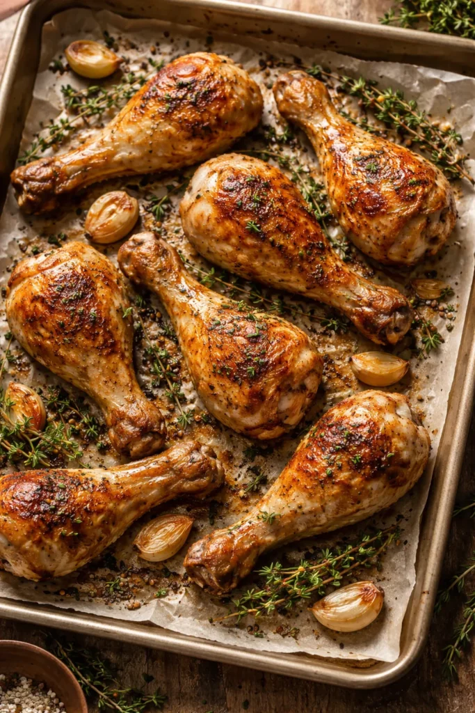Roasted chicken legs with thyme and garlic, thyme leaves visible