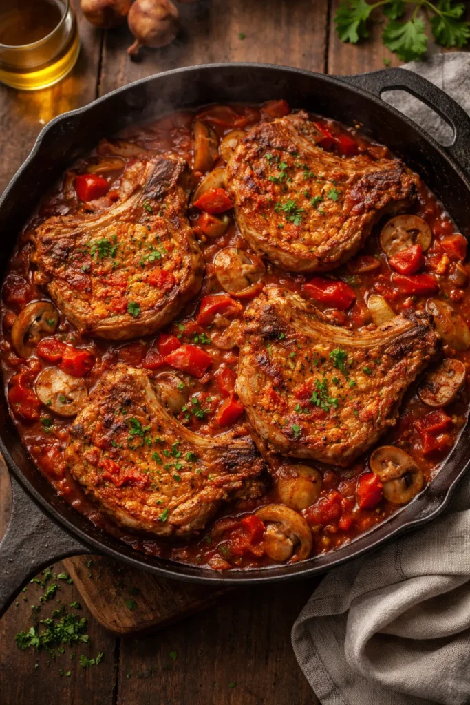 Bone-in pork chops braised in tomato sauce with vegetables