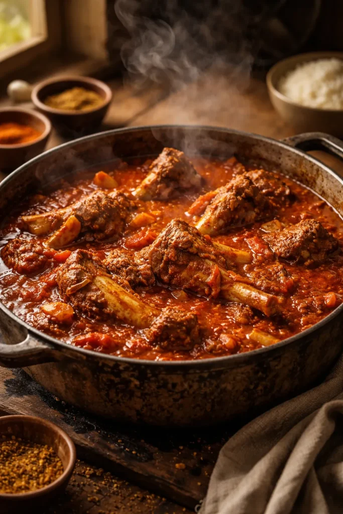 Close-up of tomato bredie lamb stew with thick tomato sauce in a rustic pot