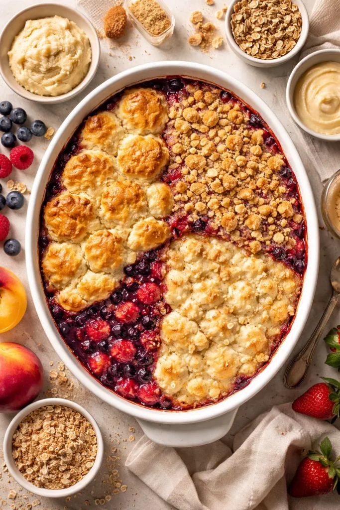 Overhead cobbler with three topping textures