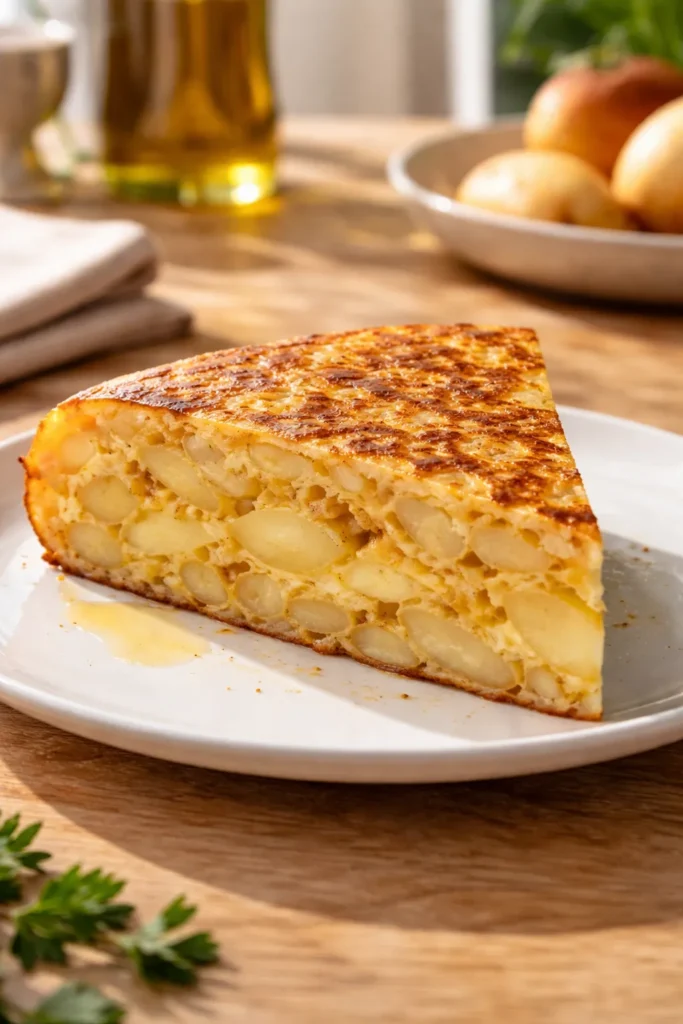 Thick tortilla espanola slice on plate showing potato texture