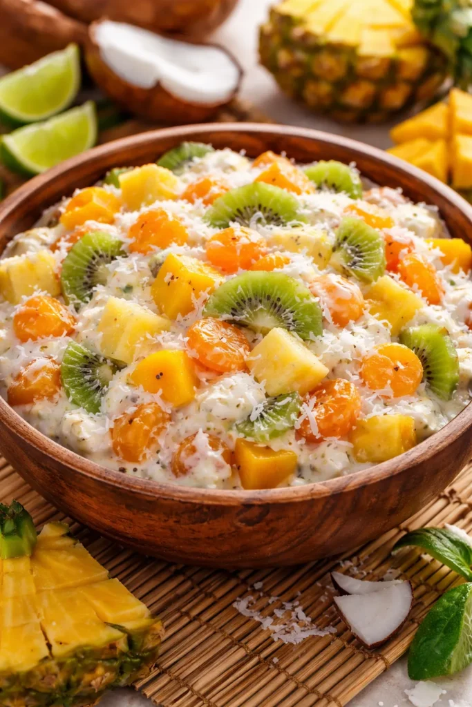 Tropical ambrosia salad with fresh mango, kiwi, and pineapple chunks