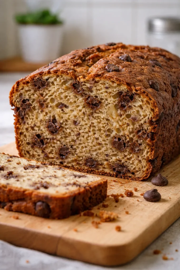 Cross-section of dense dry banana bread crumb