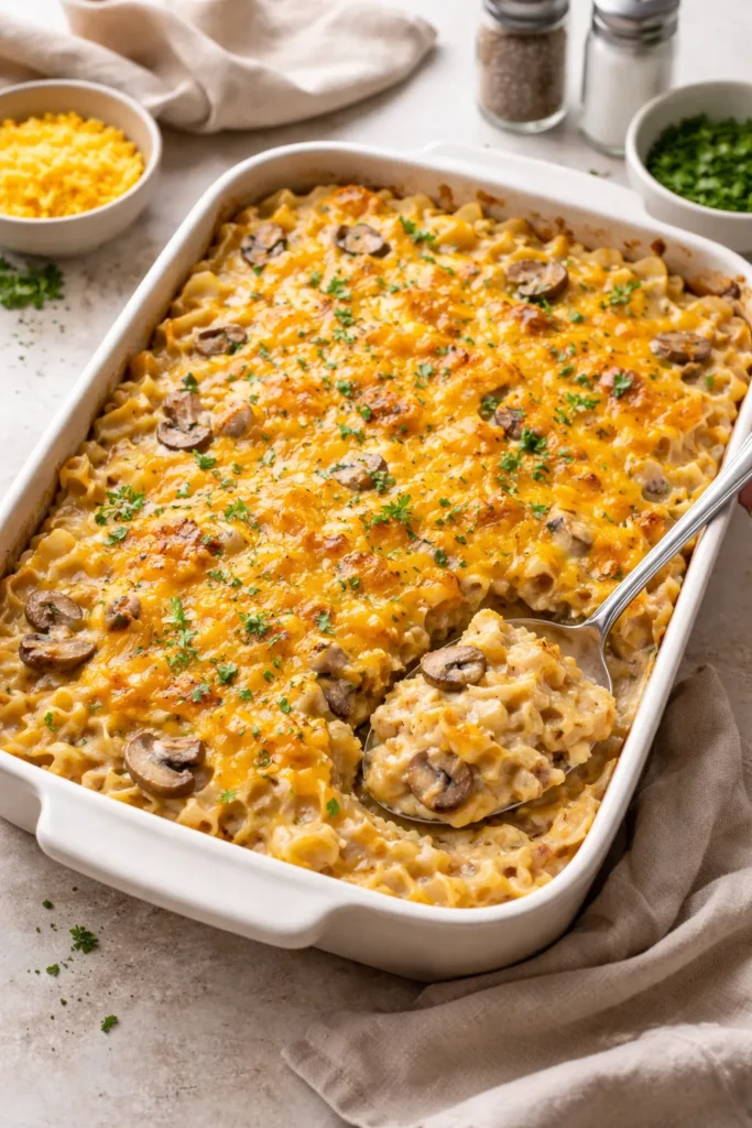 Creamy upgraded tuna noodle casserole in a baking dish