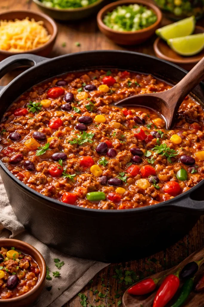 Turkey chili in a cast-iron pot with beans and vegetables