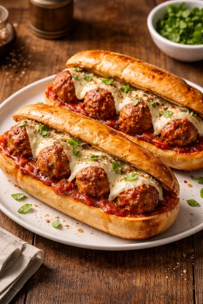 Toasted turkey meatball sub with melted cheese