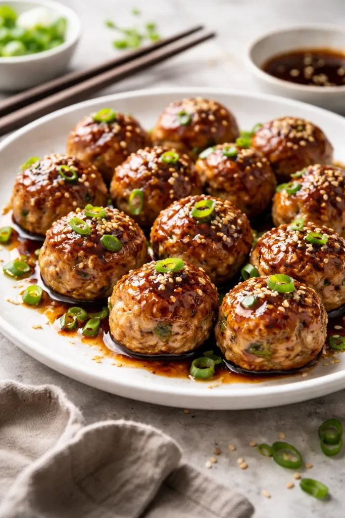 Glazed Asian-inspired turkey meatballs on a plate