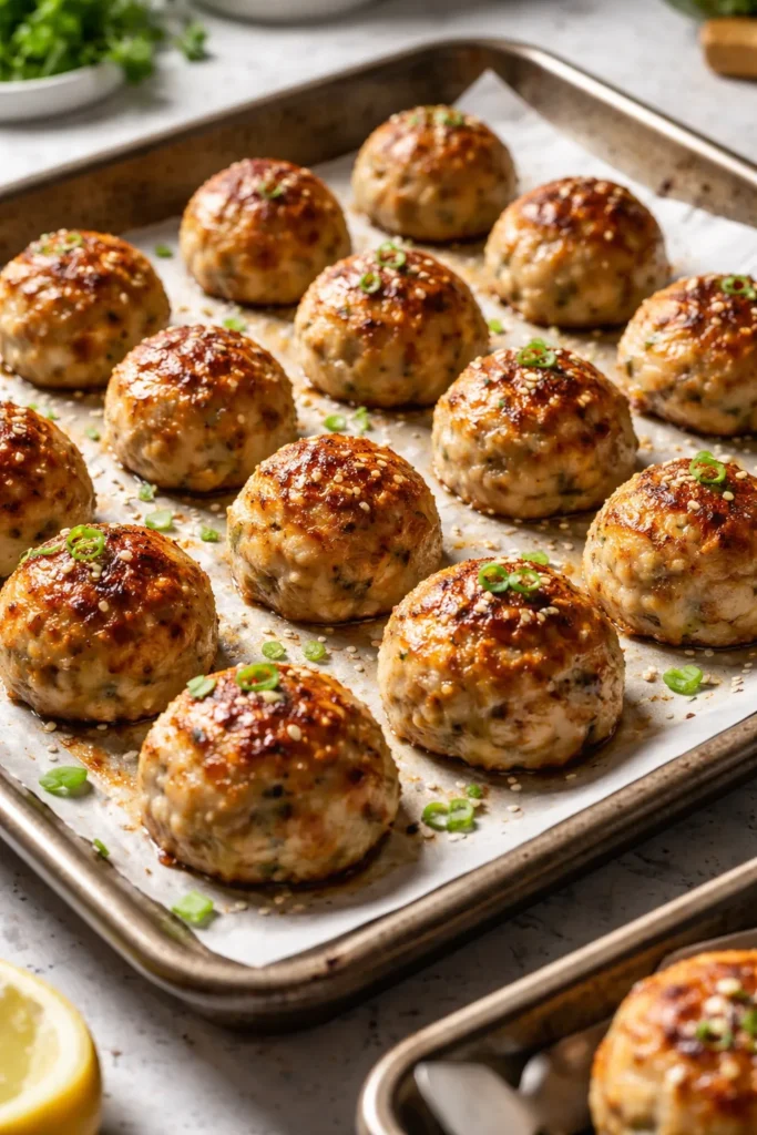 Uniform turkey meatballs on a sheet pan, ready to broil