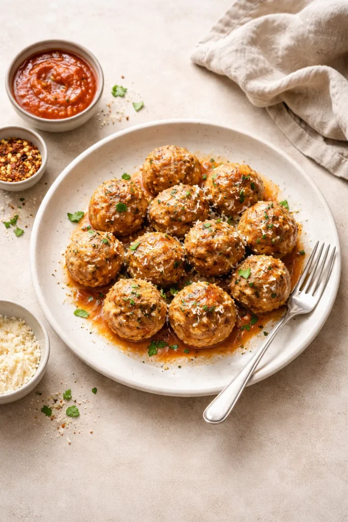 Simple still life of turkey meatballs on plate