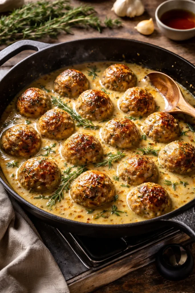 Turkey meatballs with maple mustard sauce in a skillet