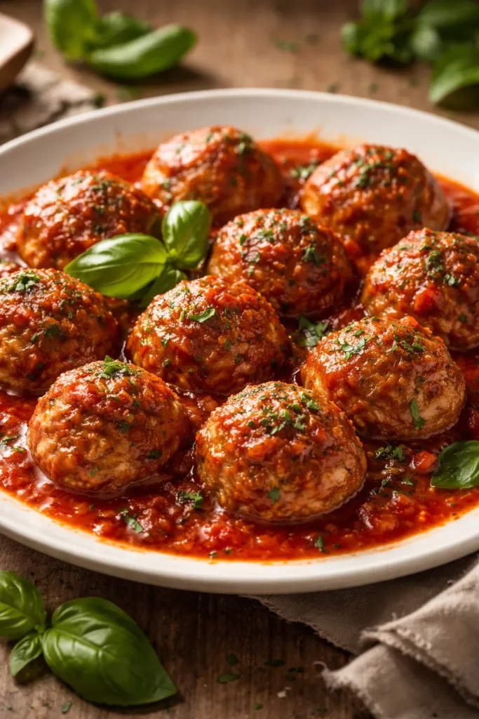 Close-up of classic Italian turkey meatballs in marinara sauce on a plate with basil