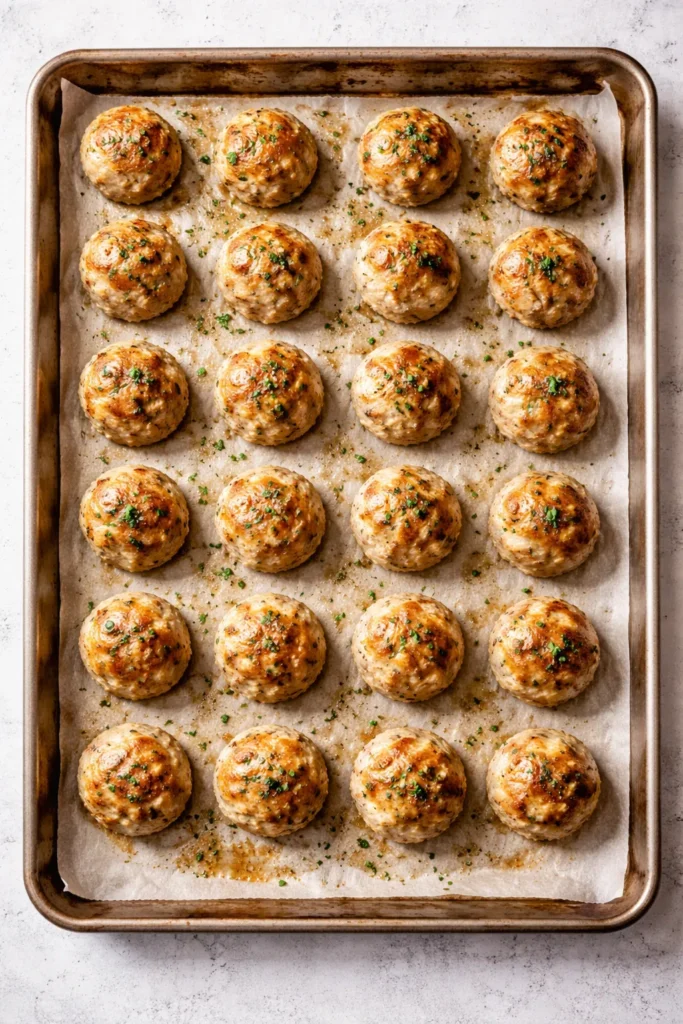 Sheet pan baked turkey meatballs on a pan