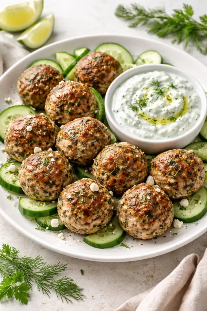Greek-style turkey meatballs with tzatziki on a plate