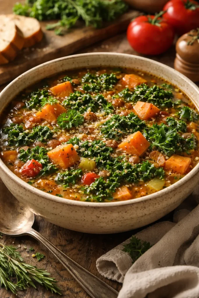 Bowl of Tuscan lentil kale soup with sweet potato and kale