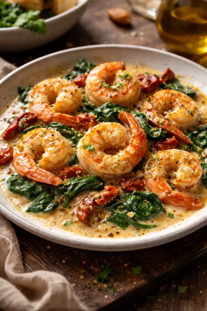 Close-up of Tuscan shrimp in creamy garlic sauce with sun-dried tomatoes and spinach
