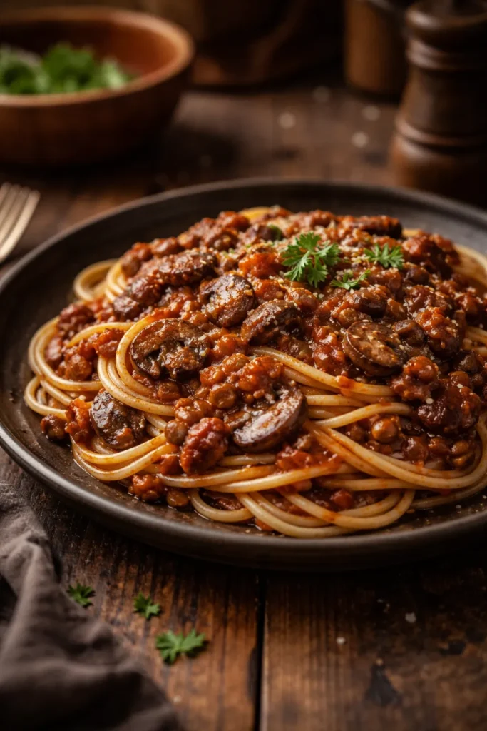 Close-up of vegan lentil Bolognese on a dark plate with rich sauce and browned mushrooms