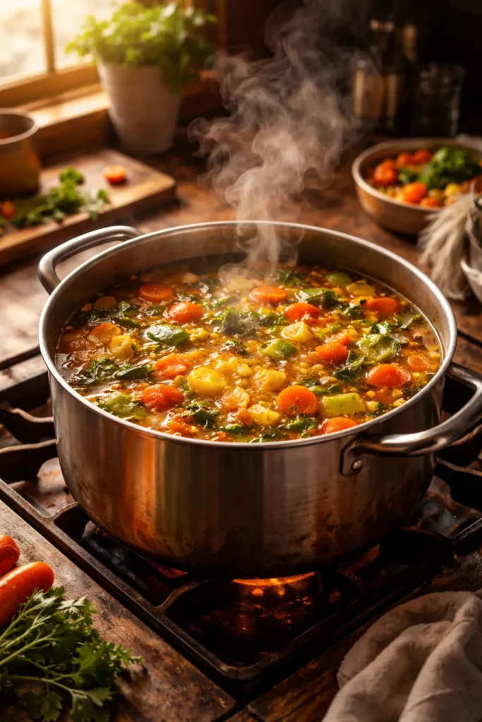 Close up of steaming vegetable soup in a pot on a stove in a cozy kitchen