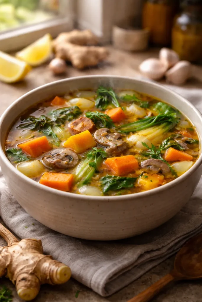 Steaming Immune-Boosting Winter Vegetable Soup with sweet potatoes and mushrooms