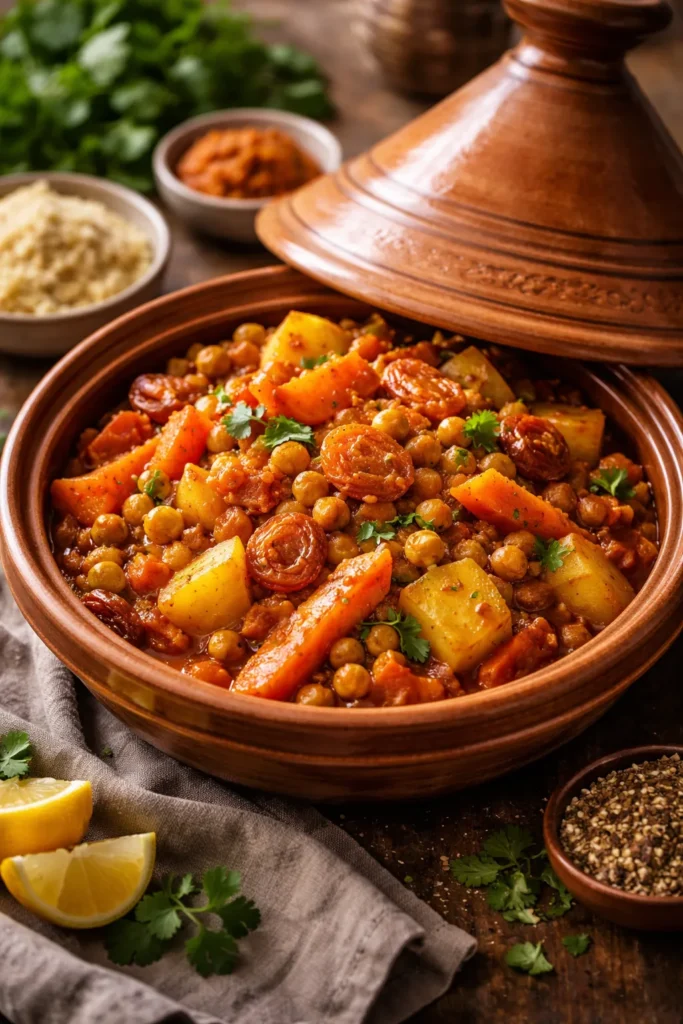 Vegetable tagine with potatoes carrots chickpeas and apricots in a tomato sauce
