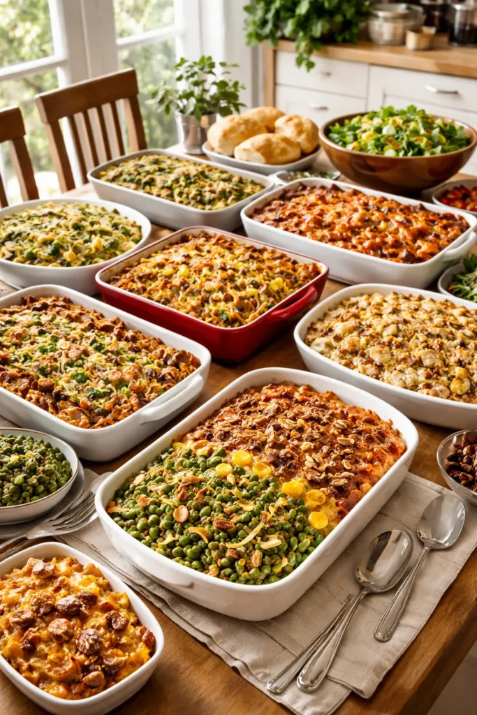 Assorted casseroles on a table for mixed-diet crowd.