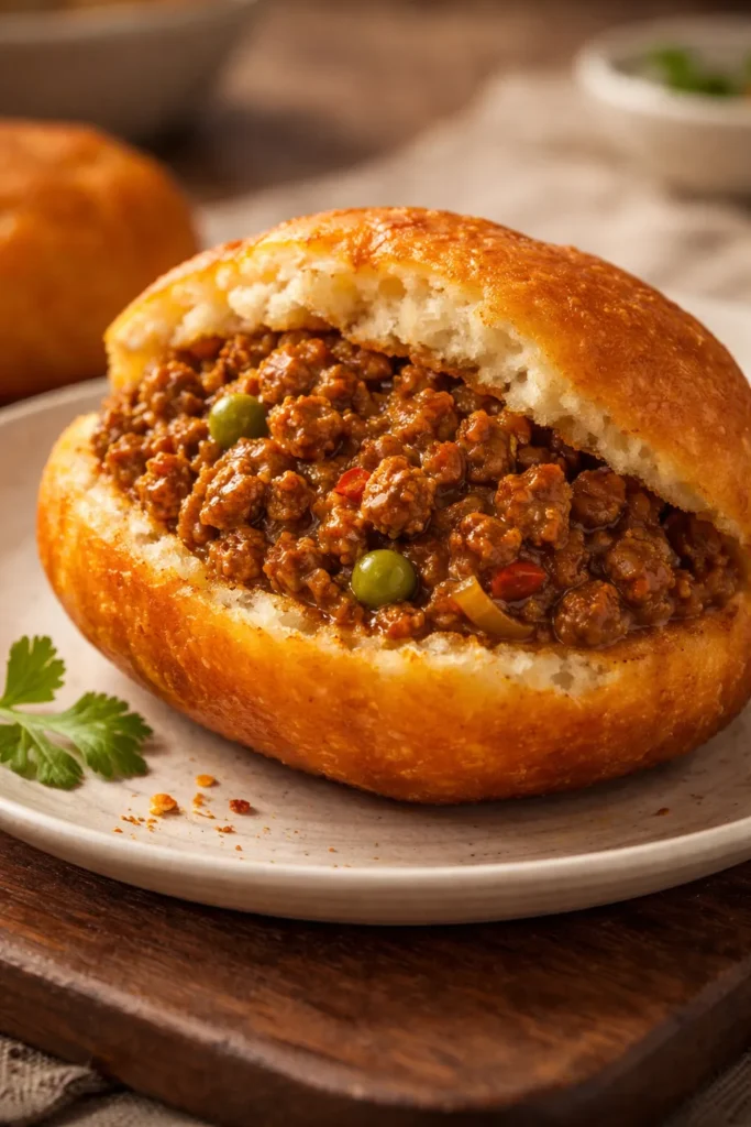 Vetkoek split open with curried mince filling