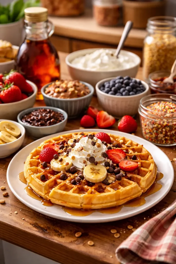 Waffle with syrup and toppings on plate