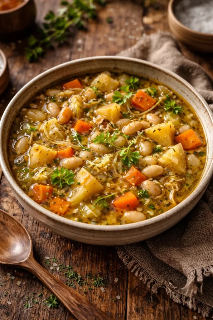 Bowl of Tuscan White Bean and Winter Vegetable Soup with cannellini beans