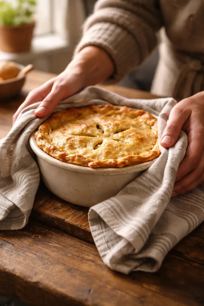 Hands wrapping a towel around a warm dish in a cozy kitchen