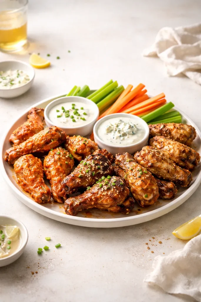 Plate of wings on a clean surface, closing scene